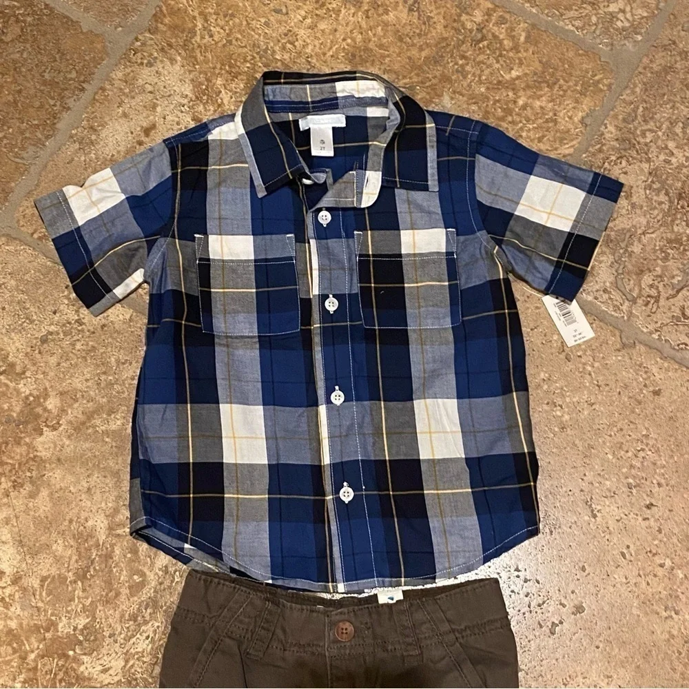 NWT~OLD NAVY CHILDREN’S PLACE Boys Blue Plaid Top & Brown Cargo Shorts -2 Yrs